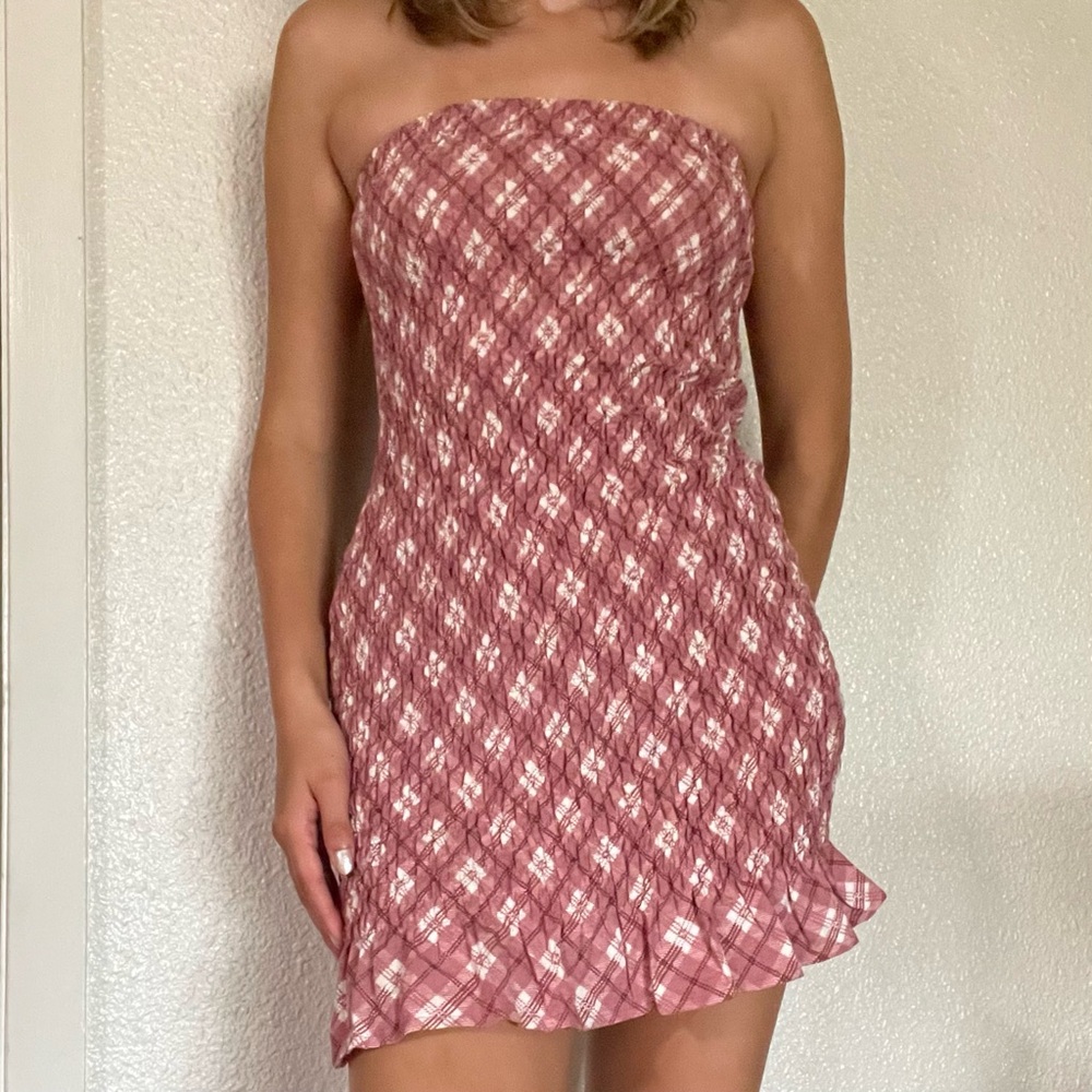 Motel Rocks Strapless Pink Plaid Dress